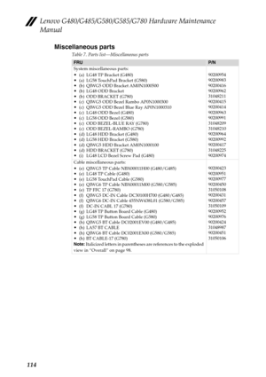 Page 118Lenovo G480/G485/G580/G585/G780 Hardware Maintenance 
Manual
114Miscellaneous parts
Table 7. Parts list—Miscellaneous parts
FRUP/N
System miscellaneous parts:
(a)  LG48 TP Bracket (G480)(a)  LG58 TouchPad Bracket (G580)(b)  QIWG5 ODD Bracket AM0N1000500(b)  LG48 ODD Bracket(b) ODD BRACKET (G780)(c)  QIWG5 ODD Bezel Rambo AP0N1000300(c)  QIWG5 ODD Bezel Blue Ray AP0N1000310(c)  LG48 ODD Bezel (G480)(c)  LG58 ODD Bezel (G580)(c)  ODD BEZEL-BLUE RAY (G780)(c) ODD BEZEL-RAMBO (G780)(d)  LG48 HDD Bracket...