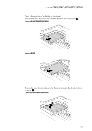 Page 45Lenovo G480/G485/G580/G585/G780
41
Figure 4. Removal steps of hard disk drive (continued)
Then pull the hard disk drive bracket in the direction shown by arrow  .
Lenovo G480/G485/G580/G585
Lenovo G780
Remove the hard disk drive (secured in the metal frame) in the direction shown 
by arrow  .
Lenovo G480/G485/G580/G585
b
2
2
c
3 