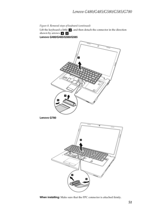 Page 55Lenovo G480/G485/G580/G585/G780
51
Figure 8. Removal steps of keyboard (continued)
Lift the keyboard a little  , and then detach the connector in the direction 
shown by arrows    .
Lenovo G480/G485/G580/G585
Lenovo G780
When installing: Make sure that the FPC connector is attached firmly.
cde
3
4
5
G770
3
4
5 