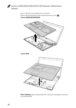 Page 60Lenovo G480/G485/G580/G585/G780 Hardware Maintenance 
Manual
56
Figure 9. Removal steps of keyboard bezel (continued)
Remove the keyboard bezel in the direction shown by arrow  .
Lenovo G480/G485/G580/G585
Lenovo G780
When installing: Make sure that all the FPC connectors, microphone connectors 
are attached firmly.
f
6
G
77
0
6 