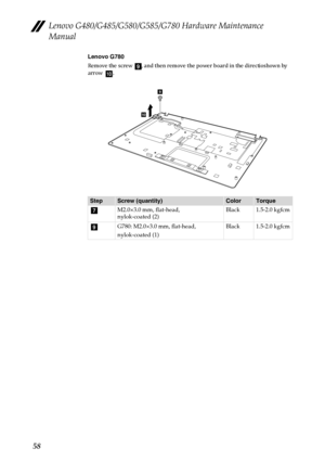 Page 62Lenovo G480/G485/G580/G585/G780 Hardware Maintenance 
Manual
58
Lenovo G780
Remove the screw  , and then remove the power board in the directi o s h o w n   b y  
arrow   .
StepScrew (quantity)ColorTorque
M2.0×3.0 mm, flat-head, 
nylok-coated (2)Black 1.5-2.0 kgfcm
G780: M2.0×3.0 mm, flat-head,
nylok-coated (1)Black 1.5-2.0 kgfcm
ihj
10
9
g
i 