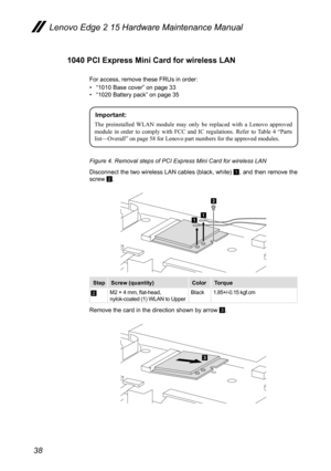 Page 4238
1040 PCI Express Mini Card for wireless LAN 
For access, remove these FRUs in order:
• “1010 Base cover” on page 33
•  “1020 Battery pack” on page 35
Important: 
The	 preinstalled	 WLAN	module	 may	only	 be	replaced	 with	a	Lenovo	 approved 	
module	 in	order	 to	comply	 with	FCC	 and	IC	regulations.	 Refer	to	Table	 4	“Parts 	
list—Overall”	on	page	58	for	Lenovo	part	numbers	for	the	approved	modules.
Figure 4. Removal steps of PCI Express Mini Card for wireless LAN 
Disconnect the two wireless LAN...