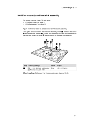 Page 4541
Lenovo Edge 2 15
1060 Fan assembly and heat sink assembly
For access, remove these FRUs in order:
• “1010 Base cover” on page 33
•  “1020 Battery pack” on page 35
Figure 6. Removal steps of fan assembly and heat sink assembly
Unplug the fan connector in the direction shown by arrow 
1. Remove the screw 2 and loosen the screws 3. Lift the fan assembly and heat sink assembly in 
the direction shown by arrow 4. Be careful not to damage the connector.
b
cc
cc
c
d
a
StepScrew (quantity) ColorTorque
2M2 × 4...