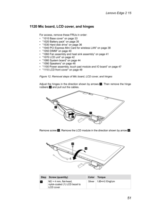 Page 5551
Lenovo Edge 2 15
1120 Mic board, LCD cover, and hinges
For access, remove these FRUs in order: 
• “1010 Base cover” on page 33
•  “1020 Battery pack” on page 35
•  “1030 Hard disk drive” on page 36
•  “1040 PCI Express Mini Card for wireless LAN” on page 38
•  “1050 DIMM” on page 40
•  “1060 Fan assembly and heat sink assembly” on page 41
•  “1070 LCD unit” on page 42
•  “1080 System board” on page 44
•  “1090 Speakers” on page 46
•  “1100 Power assembly, touch pad module and IO board” on page 47
•...