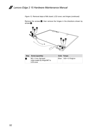 Page 5652
Figure 12. Removal steps of Mic board, LCD cover, and hinges (continued)
Remove the screws 
E, then remove the hinges in the directions shown by 
arrows F.
e
ee
ee
f
f
e
Step Screw (quantity) ColorTorque
1M2 × 2 mm, flat-head,  
nylok-coated (6) Hinge BKT to  
LCD cover Silver
1.85 +/- 0.15 kgf.cm
Lenovo Edge 2 15 Hardware Maintenance Manual  