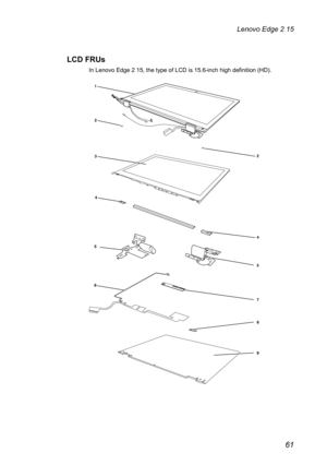 Page 6561
Lenovo Edge 2 15
LCD FRUs
In Lenovo Edge 2 15, the type of LCD is 15.6-inch high definition (HD).
5
4
9
8
7
4
2
1
5
6
32 