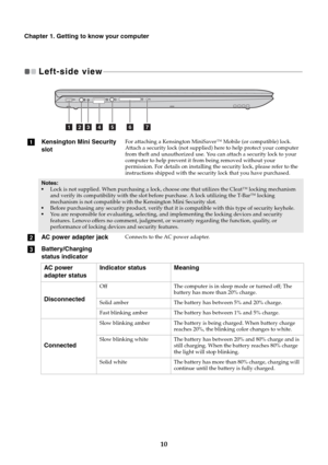 Page 1410
Chapter 1. Getting to know your computer
Left-side view   - - - - - - - - - - - - - - - - - - - - - - - - - - - - - - - - - - - - - - - - - - - - - - - - - - - - - - - - - - - - - - - - - - - - - - - - - - - - - - - - - - - - - - - - - - - - - - - - - - - - - - - - - - - - - - 
aKensington Mini Security 
slotFor attaching a Kensington MiniSaver™ Mobile (or compatible) lock.Attach a security lock (not supplied) here to help protect your computer 
from theft and unauthorized use. You can attach a...