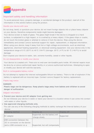 Page 14Appendix
Important safety and handling information
 To avoid personal injury, property damage, or accidental damage to the product, read all of the
 information in this section before using the product.
Handle your device with care
Do not drop, bend, or puncture your device; do not insert foreign objects into or place heavy objects
 on your device. Sensitive components inside might become damaged.
  Your device screen is made of glass. The glass might break if the device is dropped on a hard
 surface, is...