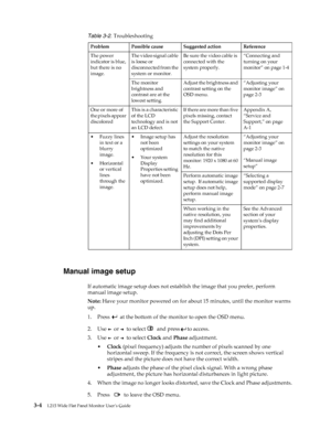 Page 23
 3-4L215 Wide Flat Panel Monitor User’s Guide 
 
 
Manual image setup
If automatic image setup does not establish the image that you prefer, perform 
manual image setup.
Note:  Have your monitor powered on for about 15 minutes, until the monitor warms 
up.
1. Press  
  at the bottom of the monitor to open the OSD menu.
2. Use 
  or   to select   and press   to access.
3. Use 
  or   to select  Clock and Phase  adjustment. 
• Clock  (pixel frequency) adjusts the number of pixels scanned by one...