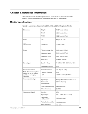 Page 18
©  ©  3-1
Chapter 3. Reference information
This section contains monitor specifications,  instructions to manually install the 
monitor driver, troubleshooting info rmation, and service information.
Monitor specifications
  
Table 3-1. Monitor specifications for L2230x Wide USB Port Replicator Monitor
DimensionsHeight
Depth
Wi d t h
StandTiltRange:  °, +20 °
VESA mount Supported
ImageViewable image size
Maximum height
Maximum width
Pixel pitch
Power inputSupply voltage
Max supply current
90-264VAC...