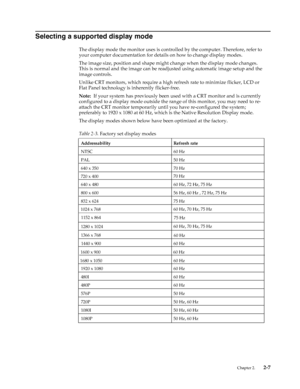 Page 19
Selecting a supported display mode 
The display mode the monitor uses is controlled by the computer. Therefore, refer to 
your computer documentation for details on how to change display modes. 
The image size, position and shape might change when the display mode changes. 
This is normal and the image can be readjusted using automatic image setup and the 
image controls. 
Unlike CRT monitors, which require a high refresh rate to minimize flicker, LCD or 
Flat Panel technology is inherently...