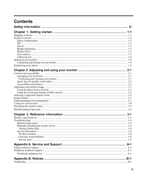 Page 3
Contents
Safety information........................................................................\
................................ iii
Chapter 1. Getting  started ........................................................................\
................. 1-1
Shipping contents........................................................................\
...................................... ............................................ 1-1
Product overview...