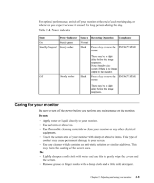 Page 21
Caring for your monitor
Be sure to turn off the power before you perform any maintenance on the monitor.
Do not:· Apply water or liquid directly to your monitor.
· Use solvents or abrasives.
· Use flammable cleaning materials to clean your monitor or any other elec\
trical
equipment.
· Touch the screen area of your monitor with sharp or abrasive items. This type of
contact may cause permanent damage to your screen.
· Use any cleaner which contains an anti-static solution or similar additi\
ves. This
may...