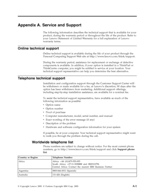 Page 24Appendix A. Service and Support 
The following information describes the technical support that is available for your 
product, during the warranty period or throughout the life of the product. Refer to 
your Lenovo Statement of Limited Warranty for a full explanation of Lenovo 
warranty terms. 
Online technical support 
Online technical support is available during the life of your product through the 
Personal Computing Support We b site at http://www.lenovo.com/think/support. 
During the warranty...