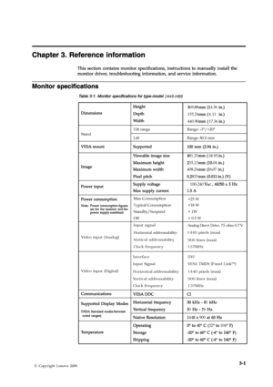 Page 20
                
                 
 
Ž—˜Ÿ˜XVV9.
 
18.95
1
06
44 900
 432 104
Video input (Analog) Horizontal addressability
Vertical addressability
Clock frequency Analog Direct Drive, 75 ohm 0.7 V
1440 pixels (max)                             
           
   
1440 pixels (max)                                        
   
900 lines (max)
900 lines (max)
 137MHz
 137MHz
Video input (Digital)
Input Signal
Horizontal addressability
Vertical addressability
Clock frequency DVI
VESA TMDS (Panel Link™)...