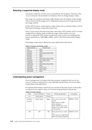 Page 22 
 
  
Selecting a supported display mode 
The display mode the monitor uses is controlled by the computer. Therefore, refer 
to your computer documentation for details on how to change display modes.   
The image size, position and shape might change when the display mode changes.   
This is normal and the image can be readjusted using automatic image setup and   
the image controls.   
Unlike CRT monitors, which require a high refresh rate to minimize flicker, LCD or   
Flat Panel technology is...