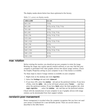 Page 22
The display modes shown below have been optimized at the factory.
Table 2-3. Factory set display modes
AddressabilityRefresh rate
640 x 35070 Hz
640 x 48060 Hz, 66 Hz, 72 Hz, 75 Hz
720 x 40070 Hz
800 x 60060 Hz, 72 Hz, 75 Hz
1024 x 76860 Hz, 70 Hz, 75 Hz
1152 x 86475 Hz
1280 x 102460 Hz, 72 Hz, 75 Hz
1360 x 76860 Hz
1440 x 90060 Hz, 75 Hz
1600 x 120060 Hz, 70 Hz, 75 Hz
1680 x 105060 Hz
1920 x 120060 Hz Image rotation
Before rotating the monitor, you should set-up your computer to rotate the image....