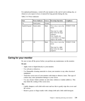 Page 23
Caring for your monitor
Be sure to turn off the power before you perform any maintenance on the monitor.
Do not:· Apply water or liquid directly to your monitor.
· Use solvents or abrasives.
· Use flammable cleaning materials to clean your monitor or any other elec\
trical
equipment.
· Touch the screen area of your monitor with sharp or abrasive items. This type of
contact may cause permanent damage to your screen.
· Use any cleaner which contains an anti-static solution or similar additi\
ves. This
may...