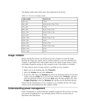 Page 22
The display modes shown below have been optimized at the factory.
Table 2-3. Factory set display modes
Addre s s a bility R e fre s h ra te
640 x 350 70 Hz
640 x 480 60 Hz, 66 Hz, 72 Hz, 75 Hz
720 x 400 70 Hz
800 x 600 60 Hz, 72 Hz, 75 Hz
1024 x 768 60 Hz, 70 Hz, 75 Hz
1152 x 864 75 Hz
1280 x 1024 60 Hz, 72 Hz, 75 Hz
1360 x 768 60 Hz
1440 x 900 60 Hz, 75 Hz
1600 x 1200 60 Hz, 70 Hz, 75 Hz
1680 x 1050 60 Hz
1920 x 1200 60 Hz
Image rotation
Before rotating the monitor, you should set-up your computer to...