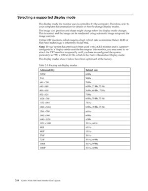 Page 20
Selecting a supported display mode 
The display mode the monitor uses is controlled by the computer. Therefore, refer to 
your computer documentation for details on how to change display modes. 
The image size, position and shape might change when the display mode changes. 
This is normal and the image can be readjusted using automatic image setup and the 
image controls. 
Unlike CRT monitors, which require a high refresh rate to minimize flicker, LCD or 
Flat Panel technology is inherently...