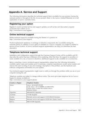 Page 30
3AppendixA.ServiceandSupportA-1 
Appendix A. Service and Support 
The following information describes the technical support that is available for your product, during the 
warranty period or throughout the life of your product. Refer to the Lenovo Limited Warranty for a full 
explanation of Lenovo warranty terms. 
Registering your option 
Register to receive product service and support updates, as well as free and discounted computer 
accessories and content. Go to:
http://www.lenovo.com/register...