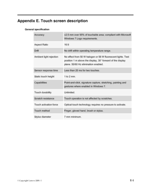 Page 35
Appendix E. Touch screen description  
© Copyright Lenovo 2009. ©  E-1 
General specification 
Accuracy ±2.5 mm over 95% of touchable area; compliant with Microsoft 
Windows 7 Logo requirements. 
Aspect Ratio 16:9 
Drift No drift within operating temperature range. 
Ambient light rejection No effect from 50 W halogen or 58 W fluorescent lights. Test 
position 1 m above the display, 30° forward of the display 
plane. 50/60 Hz elimination enabled. 
Sensor response time Less than 20 ms for two touches....