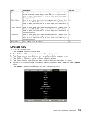 Page 43Item Description Default 
IP Address Press the up or down cursor button to change the values. Press the Menu 
button followed by the left or right cursor button to go to the next field. 
Press the Menu button followed by the up or down cursor button to go to 
the next menu item. 
n/a 
Subnet Mask Press the up or down cursor button to change the values. Press the Menu 
button followed by the left or right cursor button to go to the next field. 
Press the Menu button followed by the up or down cursor...