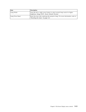 Page 45Item Description 
Lamp Mode Press the left or right cursor button to select normal lamp mode for higher 
brightness. Range: ECO - Boost. Default: Normal 
Lamp Hour Reset Reset this item after replacing the projector lamp. For more information, refer to 
“Resetting the lamp” on page A-2.
 
 
Chapter 5. On-Screen Display menu controls 5-13
Downloaded From projector-manual.com Lenovo Manuals 