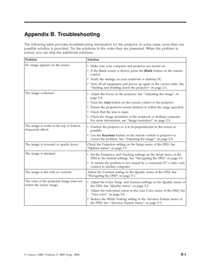 Page 53Appendix B. Troubleshooting 
The following table provides troubleshooting information for the projector. In some cases, more than one 
possible solution is provided. Tr y the solutions in the order they are presented. When the problem is 
solved, you can skip the additional solutions. 
 Problem Solution 
No image appears on the screen. v   
 Make sure your computer and projector are turned on. 
v 
 
 If the Blank screen is shown, press the Blank button on the remote 
control. 
v 
 
 Verify the settings...
