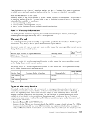 Page 73These limits also apply to Lenovo’s suppliers, resellers and Service Providers. They state the maximum 
for which Lenovo and such suppliers, resellers and Service Providers are collectively responsible. 
Items for Which Lenovo is Not Liable 
Save with respect to any liability referred to in item 1 above, under no circumstances is Lenovo or any of 
its suppliers, resellers or Service Providers liable for any of the following, even if Lenovo or they were 
informed of the possibility of such losses: 
1....