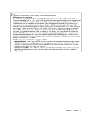 Page 57 
1RW
HV
a
(DFK )58LVDYDLODEOH IRUDOOW\SHV RUPRGHOV XQOHVVRWKHUZLVHVSHFL1HG
a
&58 VWDWHPHQW IRUFXVW RPHUV
<
RX FDQ UHVROYH VRPHSUREOHPV ZLWK\RXU SURGXFW ZLWKDUHSODFHPHQW SDUW\RX FDQLQVWDOO \RXUVHOI FDOOHGD
W&XVW
RPHUUHSODFHDEOH XQLWXRUW&58 X 6RPH &58V DUHGHVLJQDW HGDVVHOIVHU YLFH&58V DQGRWKHUV DUHGHVLJQDW HG
DV
RSWLRQDOVHU YLFH&58V ,QVWDOODWLRQ RIVHOIVHU YLFH&58V LV\RXU UHVSRQVLELOLW\ )RU RSWLRQDOVHU YLFH&58V \RX
FDQ
HLWKHU LQVWDOO WKH&58 \RXUVHOI RU\RX FDQ UHTXHVW WKDWD6HU YLFH...