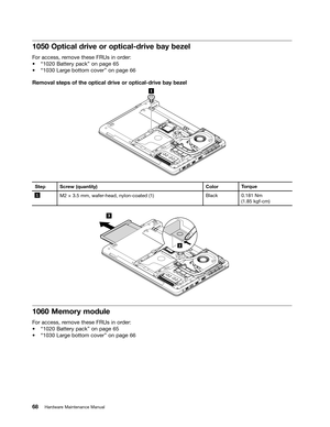 Page 74 


2SWLFDO GULYHRURSWLFDOGULYH ED\EH]HO 
)
RU DFFHVV UHPRYH WKHVH)58V LQRUGHU
a
W %DWWHU\SDFNX RQSDJH 
a
W /DUJH ERWW RPFRYHU XRQ SDJH 
5HPRYDO
VWHSV RIWKH RSWLFDO GULYHRURSWLFDOGULYH ED\EH]HO 
 
6
WHS 6FUHZ TXDQWLW\ &RORU
7RU TXH 
  0
