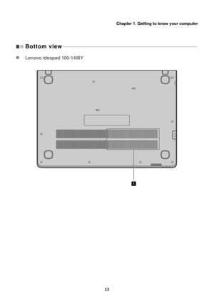 Page 17Chapter 1. Getting to know your computer
13
Bottom view 
- - - - - - - - - - - - - - - - - - - - - - - - - - - - - - - - - - - - - - - - - - - - - - - - - - - - - - - - - - - - - - - - - - - - - - - - - - - - - - - - - - - - - - - - - - - - - - - - - - - - - - - - - - - - - - - - - - 
 Lenovo ideapad 100-14IBY
1 