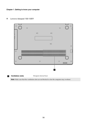 Page 1814
Chapter 1. Getting to know your computer
Lenovo ideapad 100-15IBY
a
Ventilation slotsDissipate internal heat.
Note: Make sure that the ventilation slots are not blocked or else the computer may overheat.
1 