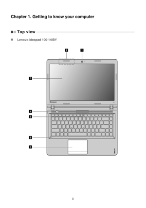 Page 51
Chapter 1. Getting to know your computer
Top view 
 - - - - - - - - - - - - - - - - - - - - - - - - - - - - - - - - - - - - - - - - - - - - - - - - - - - - - - - - - - - - - - - - - - - - - - - - - - - - - - - - - - - - - - - - - - - - - - - - - - - - - - - - - - - - - - - - - - - - - - - - - - 
 Lenovo ideapad 100-14IBY
12
3
4
7
6
5 