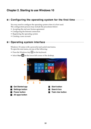 Page 1410
Chapter 2. Starting to use Windows 10
Configuring the operating system for the first time  
 - - - - - - - - - - - - - - - - - 
You may need to configure the operat ing system when it is first used.
The configuration process may include the procedures below:
 Accepting the end user license agreement
 Configuring the Internet connection
 Registering the operating system
 Creating a user account
Operating system interface   
 - - - - - - - - - - - - - - - - - - - - - - - - - - - - - - - - - - - - - - -...