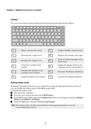 Page 84
Chapter 1. Getting to know your computer
Hotkeys
You can access certain system settings quickly by pressing the appropriate hotkeys.
:Mutes/unmutes the sound.:Enables/disables Airplane mode.
:Decreases the volume level.:Displays all currently active apps.
:Increases the volume level.:Turns on/off the backlight of the 
LCD screen.
:Cl

oses the currently active 
window .
:Toggles the display between the 
compu
ter and an external device.
:Refreshes the desktop or the 
currently active window.:Decreases...