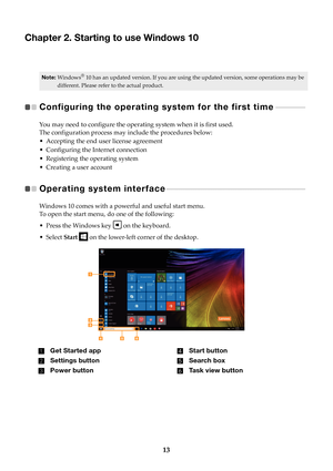 Page 1713
Chapter 2. Starting to use Windows 10
Note:Windows® 10 has an updated version. If you are using  the updated version, some operations may be 
different. Please refer  to the actual product.
Configuring the operating  system for the first time  - - - - - - - - - - - -   
You may need to configure the operat ing system when it is first used.
The configuration process may include the procedures below:
• Accepting the end user license agreement
• Configuring the Internet connection
• Registering the...