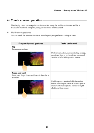 Page 23Chapter 2. Starting to use Windows 10
19
Touch screen operation  
- - - - - - - - - - - - - - - - - - - - - - - - - - - - - - - - - - - - - - - - - - - - - - - - - - - - - - - - - - - - - - - - - - - - - - - - - - - - - - - - - - - - - 
The display panel can accept inputs like a tabl et, using the multi-touch screen, or like a 
traditional notebook computer, using the keyboard and touchpad.
 Multi-touch gestures
You can touch the screen with one or more fingertips to perform a variety of tasks....