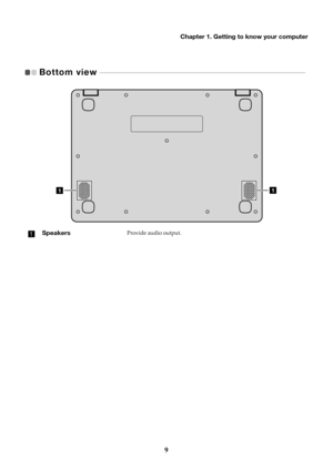 Page 13Chapter 1. Getting to know your computer
9
Bottom view  
 - - - - - - - - - - - - - - - - - - - - - - - - - - - - - - - - - - - - - - - - - - - - - - - - - - - - - - - - - - - - - - -  - - - - - - - - - - - - - - - - - - - -   
SpeakersProvide audio output. 
