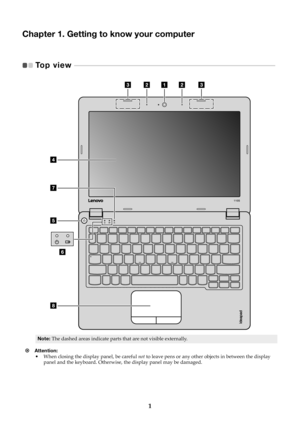 Page 51
Chapter 1. Getting to know your computer
Top view   - - - - - - - - - - - - - - - - - - - - - - - - - - - - - - - - - - - - - - - - - - - - - - - - - - - - - - - - - - - - - - -  - - - - - - - - - - - - - - - - - - - - - - - - - - -   
Note:The dashed areas indicate parts that are not visible externally.
 Attention: 
• When closing the display panel, be careful  not to leave pens or any other  objects in between the display 
panel and the keyboard. Otherwise, the display panel may be damaged. 