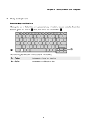 Page 7Chapter 1. Getting to know your computer
3

Using the keyboard
Function key combinations
Through the use of the function keys, you can chan ge operational features instantly. To use this 
function, press and hold  Fn 
; then pr

ess one of the function keys 
.
The followi

ng describes the features of each function key.
Fn + PgUp:Activates the home key function.
Fn + PgDn

: Activates the end key function. 