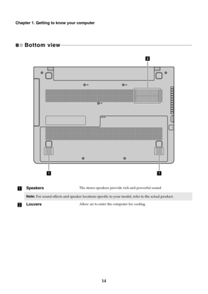 Page 1814
Chapter 1. Getting to know your computer
Bottom view  - - - - - - - - - - - - - - - - - - - - - - - - - - - - - - - - - - - - - - - - - - - - - - - - - - - - - - - - - - - - - - - - - - - - - - - - - - - - - - - - - - - - - - - - - - - - - - - - - - - - - - - - - - - - - - - - - - 
aSpeakersThe stereo speakers provide rich and powerful sound.
Note:For sound effects and speaker locations specific to your model, refer to the actual product.
bLouversAllow air to enter the computer for cooling.
11
2 