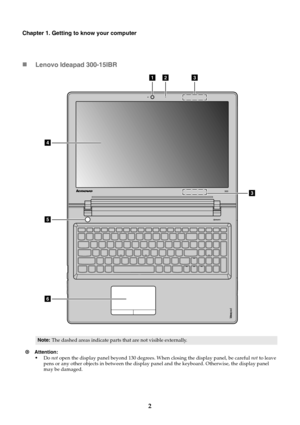 Page 62
Chapter 1. Getting to know your computer
Lenovo Ideapad 300-15IBR
Attention: 
•Do not open the display panel beyond 130 degrees. When closing the display panel, be careful not to leave 
pens or any other objects in between the display panel and the keyboard. Otherwise, the display panel 
may be damaged.
Note:The dashed areas indicate parts that are not visible externally.
12
4
3
5
6
3 