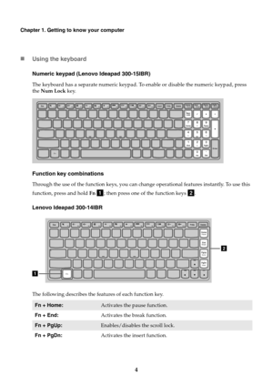 Page 84
Chapter 1. Getting to know your computer
Using the keyboard
Numeric keypad (Lenovo Ideapad 300-15IBR)
The keyboard has a separate numeric keypad. To enable or disable the numeric keypad, press 
the Num Lock  key.
Function key combinations
Through the use of the function keys, you can change operational features instantly. To use this 
function, press and hold  Fn  ; then press one of the function keys  .
Lenovo Ideapad 300-14IBR
The following describes the features of each function key.
Fn +...