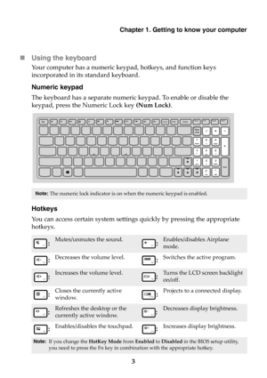 Page 9Chapter 1. Getting to know your computer
3 Using the keyboard
Your computer has a numeric keypad, hotkeys, and function keys 
incorporated in its standard keyboard.
Numeric keypad
The keyboard has a separate numeric keypad. To enable or disable the 
keypad, press the Numeric Lock key (Num Lock).
Hotkeys
You can access certain system settings quickly by pressing the appropriate 
hotkeys.
Note: The numeric lock indicator is on when the numeric keypad is enabled.
: Mutes/unmutes the sound.:...