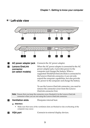 Page 11Chapter 1. Getting to know your computer
5
Left-side view  - - - - - - - - - - - - - - - - - - - - - - - - - - - - - - - - - - - - - - - - - - - - - - - - - - - - - - - - - - - - - - - - - - - - - - - - - - - - - - - - - - - - - - - - - - - - - - - - - - - - - - - - - - -
AC power adapter jackConnects the AC power adapter.
Lenovo OneLink 
connector
(on select models)When the AC power adapter is connected to the AC 
power adapter jack, it provides power to the 
computer and charges the battery. When a...