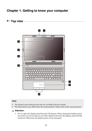 Page 71
Chapter 1. Getting to know your computer
Top view  - - - - - - - - - - - - - - - - - - - - - - - - - - - - - - - - - - - - - - - - - - - - - - - - - - - - - - - - - - - - - - - - - - - - - - - - - - - - - - - - - - - - - - - - - - - - - - - - - - - - - - - - - - - - - - - - - - - - - - - -
Note: 
•The dashed areas indicate parts that are invisible from the outside.
• The illustrations may differ from the actual  product. Please refer to the actual product.
Attention:
•Do not  open the display panel...