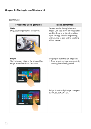 Page 26Chapter 2. Starting to use Windows 10
22
(continued)
Frequently used gesturesTasks performed
Slide
Drag your finger across the screen.Pans or scrolls through lists and 
p
ages. Can also move an object or be 
used to draw or write, depending 
upon the app. Similar to pressing 
and holding to pan and to scrolling 
with a mouse.
Swipe
Start from any edge of the screen, then 
swi
 pe inwards toward the center.  Swiping in from the left edge can:
• Bring in and open an app currently 
ru nning in the...