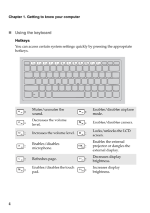 Page 8Chapter 1. Getting to know your computer
4
„Using the keyboard
Hotkeys
You can access certain system settings quickly by pressing the appropriate 
hotkeys.
:Mutes/unmutes the 
sound.:Enables/disables airplane 
mode.
:Decreases the volume 
level.:Enables/disables camera.
:Increases the volume level.:Locks/unlocks the LCD 
screen.
:Enables/disables 
microphone.:
Enables the external 
projector or dangles the 
external display.
:Refreshes page.:Decreases display 
brightness.
:Enables/disables the touch...